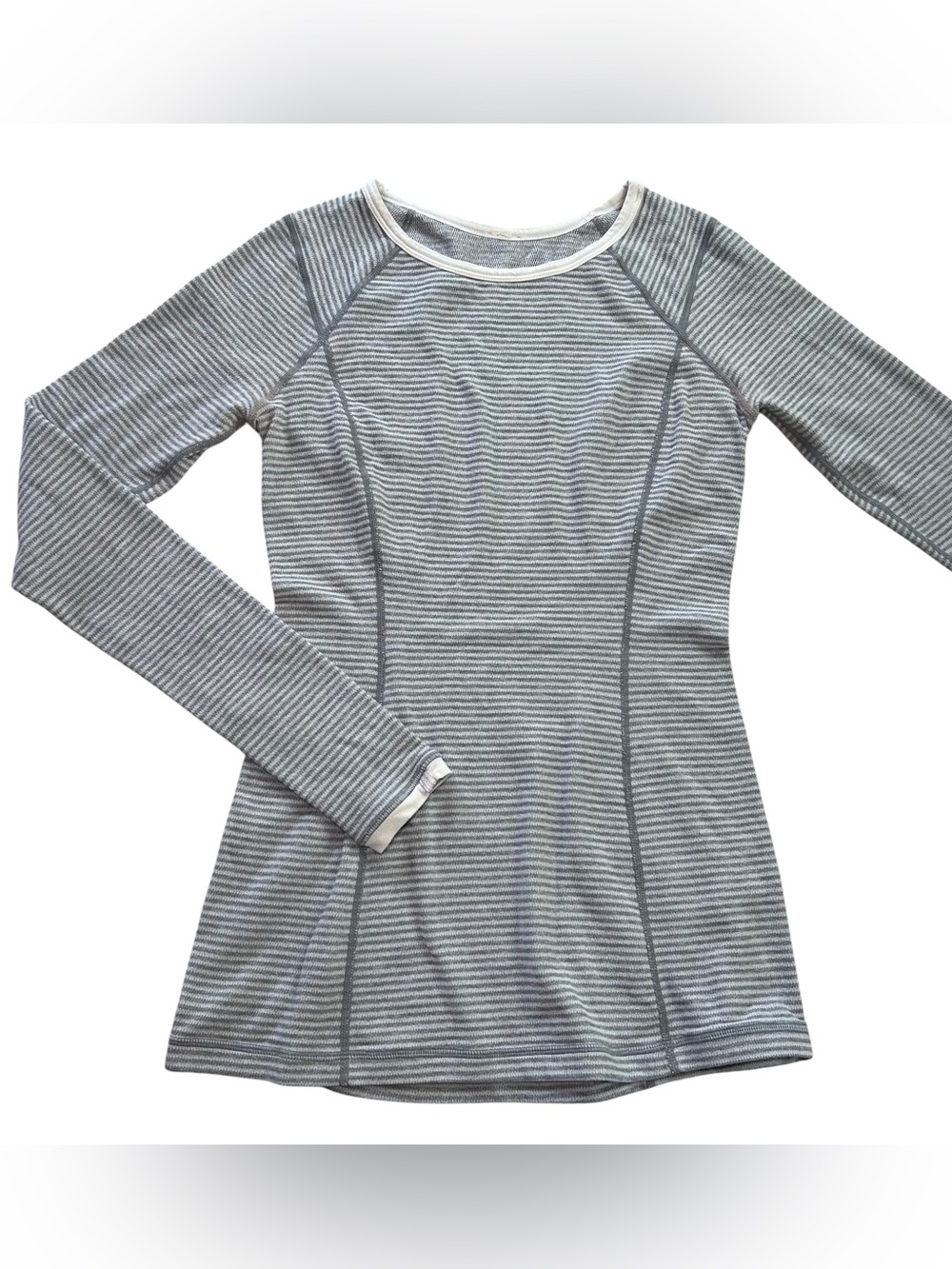 Lululemon Run: Turn Around Long Sleeve Shirt Gray White Striped Womens 4 Stretch